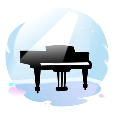 A grand piano is positioned in the center of an empty room. The piano is polished black, reflecting the light that fills the space. A single beam of sunlight streams through a window, casting a warm glow directly onto the keys. The surrounding walls of the room are adorned with a soft gradient of pastel colors, creating a serene atmosphere. The floor is made of smooth wood, complementing the elegance of the piano. Dust motes are visible in the sunbeam, adding a touch of magic to the scene.