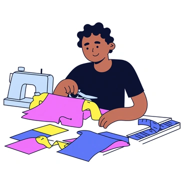 A fashion designer is focused on tailoring a dress using a pair of silver scissors. The designer is wearing a simple black outfit and has short, curly hair. Surrounding the designer are vibrant fabric swatches in various colors, including bright red, deep blue, and sunny yellow, neatly arranged on a table. There is a measuring tape draped over the table, and a sewing machine is visible in the background.