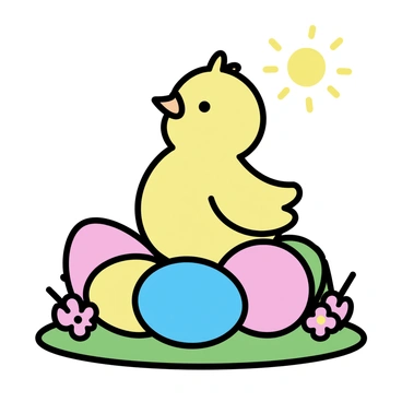 A baby chick, with soft yellow feathers, is sitting on a pile of colorful Easter eggs. The eggs are decorated in vibrant shades of pink, blue, yellow, and green. The garden is filled with bright green grass and small blooming flowers surrounding the scene. The sun is shining down, casting a warm light on the chick and the eggs.