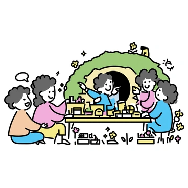 A group of hobbits, each with curly hair and round faces, are gathered outside a charming hobbit hole. They are laughing and chatting, surrounded by a lush green landscape. A large wooden table is set in front of them, covered with an array of delicious food, including pies, cheeses, and fruits. Various mugs and tankards filled with drinks are placed on the table. The hobbits wear colorful clothes, and some are sitting while others are standing, happily engaging with each other. Bright flowers are blooming in the garden surrounding the hobbit hole.