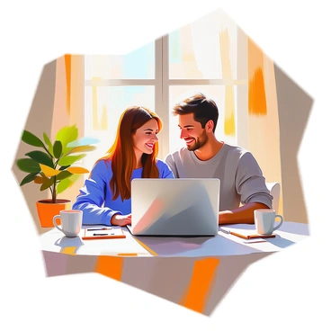 A happy couple sitting together at a dining table in their cozy home, reviewing their savings plan on a laptop. The woman has long brown hair and is wearing a comfortable blue sweater, while the man has short dark hair and is dressed in a casual gray t-shirt. They are smiling at each other as they look at the screen, with a notepad and pen placed beside the laptop. A window nearby allows warm light to fill the room, casting soft shadows on the walls. A coffee mug sits on the table, and a small potted plant is placed in the corner, adding a touch of greenery to the scene.