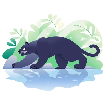 A sleek black panther is stealthily crawling along a riverbank, partially concealed in the shadows of overhanging foliage. Its muscular body is low to the ground, with powerful limbs poised gracefully as it moves silently. The water beside the panther is calm, reflecting its glossy fur and the surrounding greenery. Soft ripples distort the reflection slightly, while the sunlight filters through the leaves above, creating dappled patterns on the riverbank. The scene captures a moment of intense focus, with the panther's eyes fixed ahead, alert and watchful.