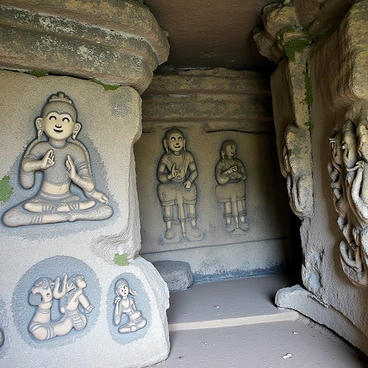 Ancient rock carvings inside the Elephanta Caves, depicting intricate sculptures of deities and mythological figures. The carvings are elaborately detailed, showcasing a large sculpture of "Shiva" with multiple heads. Surrounding the central figure are smaller reliefs illustrating scenes from Hindu mythology. The cave walls have a rugged texture, and the lighting casts shadows that enhance the depth of the carvings. The atmosphere is one of historical significance, with moss and lichen subtly adorning the stone surfaces.