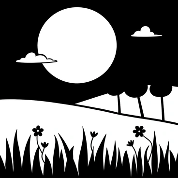 A full moon positioned prominently in the night sky casts a soft light over an expansive field. The moon's light creates gentle shadows among the tall grass, which sways softly in a light breeze. Silhouetted trees border the field, their branches reaching towards the moon. The landscape is dotted with wildflowers, their shapes outlined in the moonlight. A few wispy clouds drift across the moon, adding subtle texture to the scene.