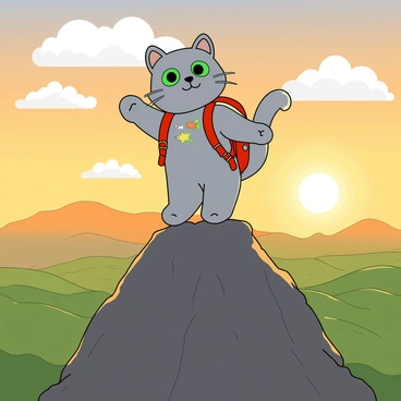 A fluffy gray cat with bright green eyes is standing proudly at the summit of a rocky mountain peak. The cat is wearing a small, colorful backpack that is secured around its body with tiny straps. The backpack features playful designs, like stars and fish. The background shows a vast sky filled with fluffy white clouds, and below, a sprawling landscape of green hills and valleys can be seen. The sun is setting, casting a warm golden light that illuminates the scene, highlighting the cat's triumphant pose.
