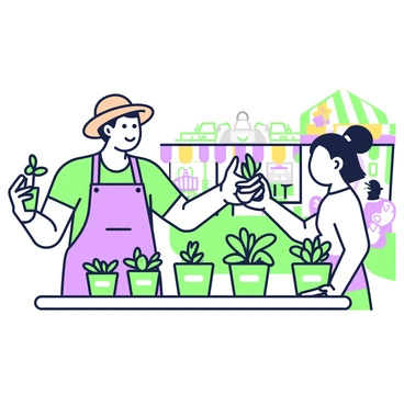 A vendor with a friendly smile is standing behind a wooden table at a local farmers' market. The vendor is wearing a straw hat and an apron. On the table, there are several potted herbs arranged neatly, including basil, rosemary, and mint, each in green pots with visible labels. The vendor is holding a small potted herb in one hand and is interacting with a customer, who is looking at the selection. In the background, there are colorful market stalls and other shoppers browsing.