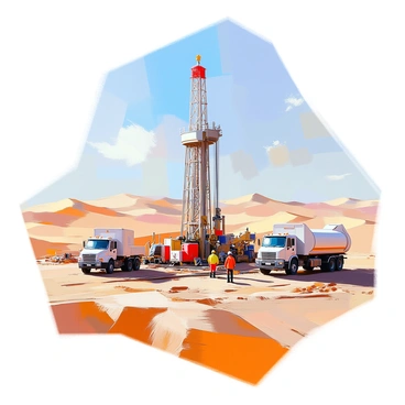 An oil drilling site situated in a vast desert landscape, featuring a tall drilling rig prominently in the center. Surrounding the rig, several workers in safety gear are engaged in various tasks, some monitoring equipment while others are operating machinery. Trucks and drilling equipment are scattered around the site, showcasing large pipes and tools. The dusty ground is marked by tire tracks, and the sun casts long shadows across the scene, highlighting the rugged terrain of the desert. In the background, distant sand dunes stretch under a clear blue sky.