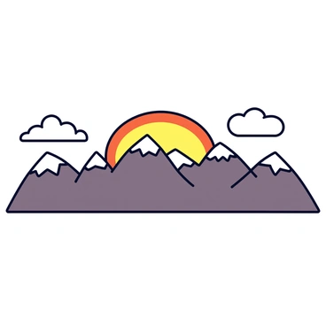 A panoramic view of a mountain range with snow-capped peaks. The mountains have a rugged texture and shades of gray and brown. In the background, a sunrise casts warm hues of orange and yellow across the sky. The light from the rising sun highlights the edges of the mountain peaks, creating a stunning contrast against the darker mountains. A few fluffy clouds are scattered in the sky, reflecting the colors of the sunrise.