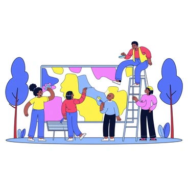 A group of four diverse artists working together on a large mural in an urban park. The first artist is a woman with curly black hair, holding a paintbrush and adding vibrant colors to the mural. Next to her, a man with short hair and glasses is sketching the outline of a design on the wall. A third artist, a person with long braided hair, is mixing paints in a palette. The fourth artist, who has a shaved head, is standing on a ladder, carefully painting details at the top of the mural. Around them, there are trees and benches in the park, and a few onlookers observing the creative process.