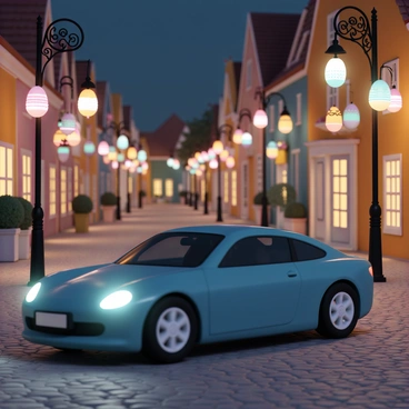 A car driving through a town lit by glowing Easter eggs hanging from lampposts