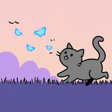 A small, fluffy mog cat with gray fur is playfully chasing glowing butterflies in a dimly lit meadow at dusk. The butterflies are luminous, emitting a soft blue and green light as they flutter through the air. The background features a gentle gradient sky transitioning from orange to deep purple, indicating the setting sun. The mog cat is in a crouched position, its tail held high, with its eyes wide open in excitement. The lush grass beneath it is slightly swaying in the light breeze.