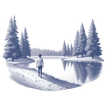 A person walking along a lakeside path. The individual is wearing casual clothing and has a relaxed posture. The lake is calm, with clear reflections of the surrounding greenery visible on its surface. Tall trees with dense foliage line the edges of the lake, creating a natural frame around the scene. The ground is covered in a mix of grass and scattered pebbles, leading towards the water’s edge.
