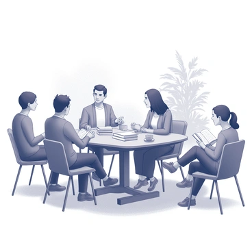 A gathering of four individuals seated around a wooden table, engaged in a lively discussion about a book. One person is animatedly sharing thoughts, while the others listen intently, surrounded by stacks of books and steaming cups of tea. Nearby, a single figure is sitting on a comfortable outdoor chair, immersed in reading a book, with a gentle breeze rustling the pages. The background features a lush garden with greenery, providing a serene atmosphere for both the club meeting and the solitary reader.