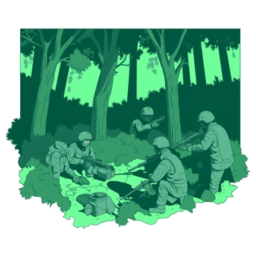 A dense green forest filled with tall trees and thick undergrowth serves as the backdrop. Hidden among the foliage, a group of soldiers is quietly preparing for a siege. The troops are wearing camouflage uniforms and have various weapons ready at their sides. Some soldiers are crouched, whispering strategies to one another, while others are setting up equipment and fortifications in the underbrush. The atmosphere is tense but focused as they remain concealed, with only glimpses of their figures visible through the leaves and branches.