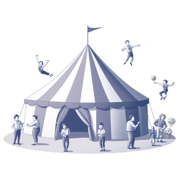 A circus scene filled with activity and excitement. In the center, a large big top tent stands tall, characterized by its distinctive peaked roof and entrance flaps. Acrobats are performing mid-air, showcasing their skills with graceful flips and twists. Nearby, clowns are engaging with the audience, some juggling colorful props while others balance on unicycles. The ground is bustling with spectators, their faces filled with joy and amazement as they watch the performers entertain.
