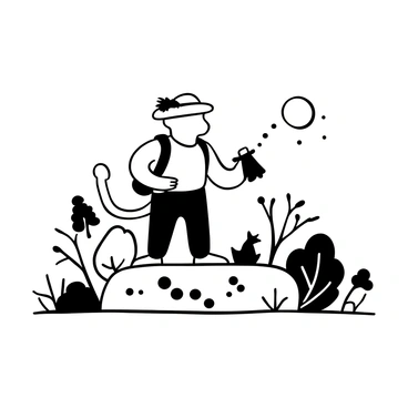 A cat wearing a small explorer's hat and a tiny backpack is standing on a rock, holding a pair of binoculars in one paw. Surrounding the cat are various elements of wildlife, including trees, bushes, and small animals like birds and squirrels. The cat is focused on observing the wildlife in the distance, with a sense of adventure in its stance. There are footprints in the dirt leading up to the rock where the cat is positioned, suggesting it has traveled to this spot to explore.