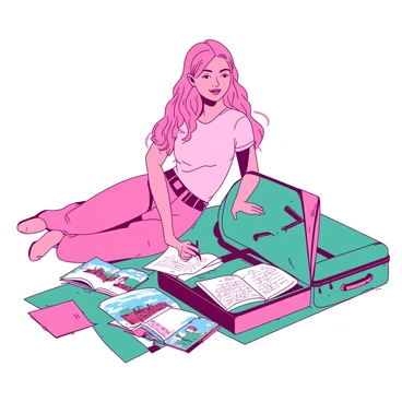 A pink girl boss with long, flowing hair is sitting on a teal floor, actively planning a trip. She is surrounded by various travel guides, which are open and displaying colorful images of different destinations. Next to her is a stylish teal suitcase, partially unzipped and filled with neatly folded clothes. The girl is holding a pen in one hand and writing in a notebook with the other, smiling as she maps out her travel itinerary.