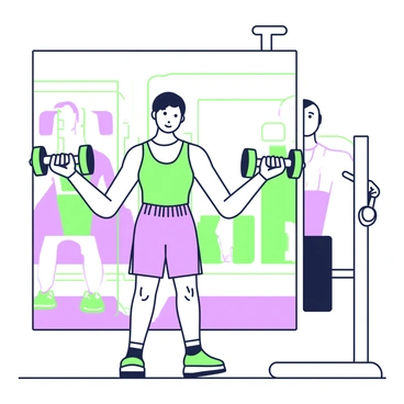 A person is standing in front of a large gym mirror, performing lateral raises with a concentrated expression. The individual has short hair and is wearing a fitted tank top and gym shorts. Their arms are extended to the sides, holding green dumbbells. The mirror reflects their posture, showcasing their straight back and engaged core. In the background, gym equipment such as weight benches and exercise mats are visible, along with a few other individuals working out, maintaining focus on their own routines.