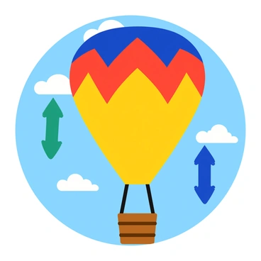 A colorful hot air balloon with a bright, patterned envelope is rising into the sky. The balloon features various shades of red, blue, and yellow in a geometric design. Beneath the balloon, a basket made of woven wicker is suspended. Arrows pointing upward labeled "Buoyant Force" are illustrated in a bold color, indicating the force lifting the balloon. Below the basket, arrows pointing downward labeled "Weight" illustrate the gravitational force acting on the balloon. The background shows a clear blue sky with fluffy white clouds scattered throughout.