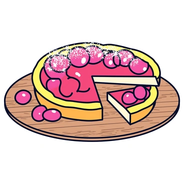 A round cherry tart with a golden-brown crust and a glossy red cherry filling. The tart is placed on a rustic wooden table, showcasing the natural texture of the wood. A slice of the tart has been cut out, revealing the vibrant red cherries and the flaky crust. Surrounding the tart, there are a few scattered cherries and a dusting of powdered sugar on top.