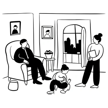 A black-and-white illustration of a living room filled with vintage furnishings. "Joseph Stalin" is seated in an armchair, dressed in a dark suit, while two children are playing on the floor with a toy. A woman with a bun hairstyle stands nearby, holding a book, and there is a small side table with a fruit bowl on it. The walls are decorated with family portraits, and a window with curtains shows the silhouette of trees outside, creating a cozy atmosphere.
