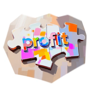 A completed jigsaw puzzle with pieces fitting together to form the word "profit." The puzzle features a variety of colorful pieces, each displaying different patterns and textures. The letters of the word "profit" are clearly visible and composed of pieces that blend harmoniously with the surrounding design. The puzzle is placed on a wooden table, and shadows from nearby light sources create depth in the scene. The background is unobtrusive and emphasizes the focus on the puzzle itself.