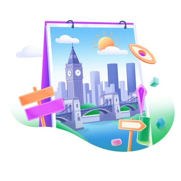 A vintage-style travel poster featuring the cityscape of a famous city, showcasing iconic landmarks such as a grand clock tower, a historic bridge, and tall buildings set against a clear blue sky. The composition includes stylized clouds, a warm sun in the top corner, and decorative elements like vintage travel stickers and directional signs scattered around. The poster is printed on an 18x24 illustration board, giving it a classic and authentic feel, inviting viewers to explore the city.