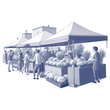 A vibrant flower market scene in Fulda featuring various stalls adorned with an array of flowers. The market is crowded with people browsing the displays, some examining the blossoms while others engage with vendors. The stalls are filled with a diverse assortment of flowers, showcasing different shapes and sizes, creating a visually rich environment. The background includes hints of traditional building architecture typical of Fulda, adding to the ambiance of the market.