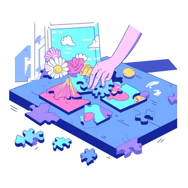 A blue jigsaw puzzle is being assembled on a wooden table. The puzzle pieces are scattered around, with some already placed in their positions. The image on the puzzle showcases a vibrant scene of blooming flowers in various colors, including pink, yellow, and purple. A pair of hands is carefully placing a piece with a yellow flower into the puzzle. Sunlight streams from a nearby window, illuminating the colorful pieces and enhancing the lively atmosphere of the scene.