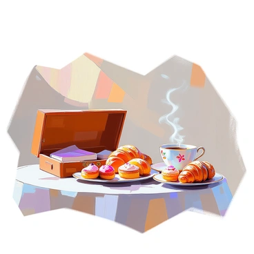 A quaint café corner featuring a wooden secretaire with intricate carvings, slightly ajar to reveal some vintage books and stationery inside. On the table beside the secretaire sits a steaming coffee cup, with delicate floral patterns on its surface. A variety of pastries, including croissants, éclairs, and fruit tarts, are artfully arranged on a small plate next to the coffee cup. The scene is softly lit, highlighting the warmth and charm of the café atmosphere.