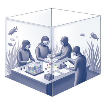 A team of scientists is situated inside an underwater laboratory. They are surrounded by transparent walls that provide a clear view of the surrounding ocean environment. Various marine life forms, such as colorful fish and swaying seaweed, are visible through the glass. The scientists, wearing diving suits, are actively engaged in conducting experiments. One scientist is examining a small tank with unusual sea creatures, while another is taking notes at a workstation filled with scientific equipment. A third scientist is using a digital tablet to record data. The atmosphere is filled with a sense of discovery and investigation as research materials and tools are neatly arranged around the lab.
