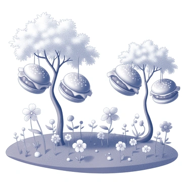 A garden filled with trees that have large, ripe cheeseburgers hanging from their branches. The ground is covered with a variety of flowers in different shapes and sizes. Some flowers have wide petals while others have delicate, slender stems. The overall scene is lively, with the cheeseburgers prominently displayed amid the vibrant flora. The garden is set under a clear sky, emphasizing the uniqueness of this imaginative landscape.