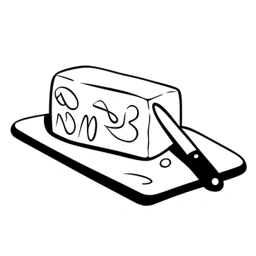 A close-up view of a stick of butter resting on a wooden cutting board. The surface of the butter features intricate carvings, showcasing detailed patterns and designs meticulously created with a knife. The shiny texture of the butter contrasts with the matte finish of the cutting board, and a few knife marks are visible near the carved sections.