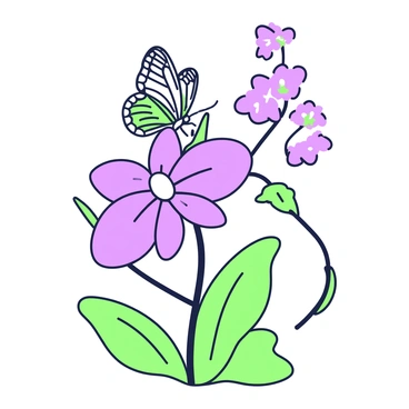 A butterfly with intricately patterned wings is delicately landing on an orchid flower. The orchid is positioned upright, showcasing its rich, vibrant pink petals. The butterfly's wings are open wide as it descends towards the central part of the flower. Surrounding the orchid, there are a few green leaves, adding contrast to the scene. The background features a soft focus of additional flower stems, enhancing the overall composition.