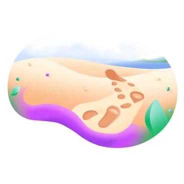 A close-up view of "footprints in the sand" leading towards a "gap" where the path fades away. The footprints are clearly defined, showcasing shallow impressions in the smooth sand. Surrounding the footprints, the sand has gentle curves and small grains glistening under soft light. The gap appears as a break in the sandy terrain, with a hint of an unseen destination, creating an impression of mystery. In the background, the edges of the scene fade into a blurred horizon meeting the sky.