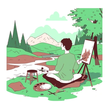 An artist sitting by a stream, sketching the landscape on a large canvas
