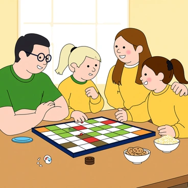 A family of four is gathered around a wooden table, focused on an exciting board game. The father has dark hair and glasses, wearing a green t-shirt, while the mother has long brown hair tied back, dressed in a yellow sweater. Their two children, a boy with short blonde hair and a girl with pigtails, are eagerly leaning forward. The game board is colorful, with various pieces scattered across it. The table is adorned with snacks, like a bowl of popcorn and a plate of cookies. The room features warm lighting, creating an inviting atmosphere as they concentrate on their next moves.