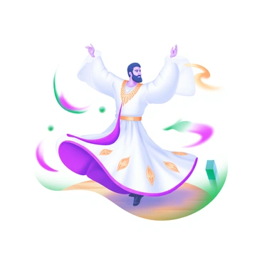 A whirling dervish in mid-spin, dressed in a long, flowing robe that billows around them. The robe is a vibrant shade of white, adorned with delicate gold patterns. The dancer's arms are extended gracefully, with one hand raised towards the sky and the other pointing downwards. Around the dervish, there are swirling clouds of pastel colors that complement the movement, creating a sense of motion. The dancer's face is serene, focused on the rhythm of the dance. The floor beneath them is a polished wooden surface that reflects the light, adding a warm glow to the scene.