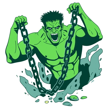 A green Frankenstein's monster is straining against heavy iron chains that are breaking apart. The monster's muscular arms are visibly taut, showcasing incredible strength as the chains snap and fall away. There are remnants of the shattered chains around its feet, clanging onto the ground. The monster's facial expression is fierce and determined, with wild hair and intense eyes. The background shows vague shadows of a dimly lit laboratory, enhancing the dramatic scene of liberation.