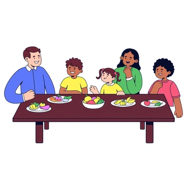 A rectangular dining table made of dark wood with a polished surface. Around the table, a family of four is gathered. The father has short brown hair and is wearing a blue shirt. The mother has long black hair and is wearing a green blouse. A boy with curly hair and a red t-shirt sits beside his younger sister, who has pigtails and is wearing a yellow dress. On the table, there are several plates filled with colorful food, including vegetables, pasta, and a salad. In the center, there is a fruit bowl with apples and bananas. The scene captures the family laughing and sharing stories while enjoying their meal together.