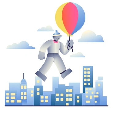 The Tin Man is depicted with shiny silver metal, standing in a playful pose while holding onto a large, colorful balloon. The balloon is a mix of bright reds, blues, and yellows, contrasting against the city's skyline. The cityscape below features a variety of buildings, including skyscrapers and smaller structures with windows reflecting the sunlight. The scene conveys a sense of lightness as the Tin Man floats gently above the city, with soft, fluffy clouds scattered in the blue sky.