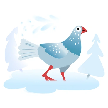 A guinea fowl with distinct speckled feathers is walking across a snowy landscape. The ground is covered with a thick layer of fresh, powdery snow, creating a soft, fluffy appearance. Gentle snowflakes are falling from the sky, adding a whimsical touch to the scene. In the background, there are abstract shapes of trees partially covered in snow, creating a serene winter setting.