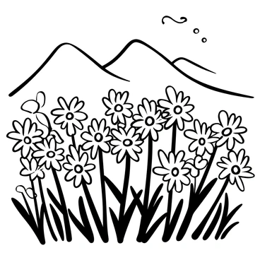 A field filled with numerous "edelweiss flowers" swaying gently. The flowers are clustered together, each with distinct star-shaped petals and rugged stems. Behind the flowers, there are "mountains" towering in the background, creating a majestic backdrop. The "breeze" is indicated by the subtle movement of the flowers, giving the scene a sense of tranquility. The overall composition emphasizes the natural beauty and serene environment of the mountain landscape.