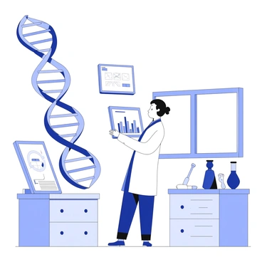 A biologist is standing in a laboratory while predicting genetic traits using a 3D model of DNA. The DNA model is spiraling in the air, displaying its double helix structure with clearly defined strands and base pairs. The biologist is wearing a lab coat and holding a tablet that shows data and graphs related to genetic traits. Surrounding the biologist are various scientific instruments and books related to genetics, while a large window in the background lets in natural light.
