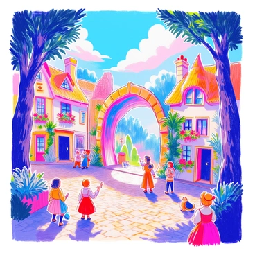 A whimsical portal is opening in the middle of a fairytale village square. The portal has vibrant, swirling colors, resembling a mix of blues, purples, and greens. Surrounding the portal, cobblestone streets are lined with quaint cottages featuring thatched roofs and colorful flower boxes. Villagers, dressed in medieval attire, are gathered around with expressions of curiosity and wonder. Children are pointing excitedly at the portal, while a cat lounges on a nearby stone wall. Tall trees with lush green leaves frame the square, and the sky above is filled with fluffy white clouds.