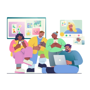 A group of four people is gathered together, each holding a different device to explore a virtual art gallery. The first person, a woman with dark curly hair, is using a tablet, while the second person, a man with short brown hair, is focusing on his smartphone. The third person, a woman with blonde hair in a bun, is wearing augmented reality glasses and is smiling at the artwork she sees. The fourth person, a man with glasses and a beard, is seated with a laptop open in front of him. The background features large screens displaying various digital artworks, with an array of colors and shapes that suggest a lively and interactive environment.