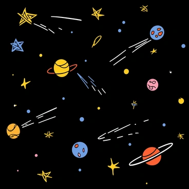 A chalkboard filled with whimsical doodles depicting various celestial bodies. There are several stars, each with unique shapes and sizes, scattered across the board. Planets of different colors and patterns are illustrated, some with rings and others with craters. Comets with long tails are shown streaking across the chalkboard, leaving trails behind them. The overall composition is playful and imaginative, creating a sense of wonder about the cosmos.