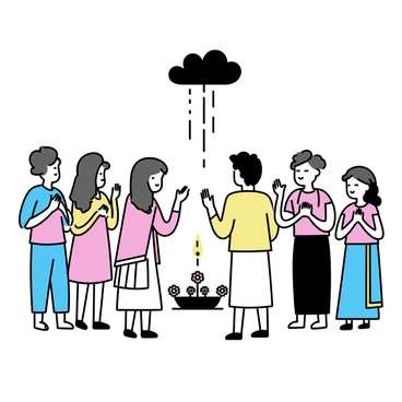 A diverse group of people gathered in an open space, forming a circle. They are standing together, with hands raised in a gesture of prayer. Several individuals are wearing traditional clothing, showcasing vibrant colors and patterns. In the center of the circle, there is a small altar decorated with flowers and candles. Dark clouds are visible in the sky above, hinting at the hope for rain. Some participants have closed their eyes, while others look upward, expressing their collective wish for rain.