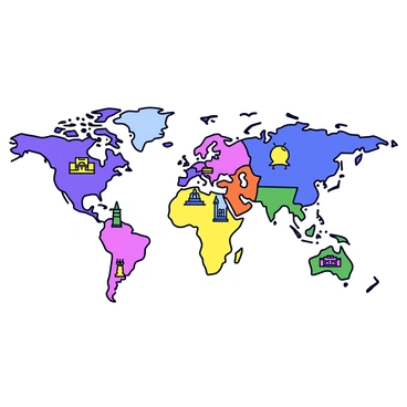 A colorful world map displaying all seven continents with distinct colors for each. Each continent is filled with vibrant shades, making the map visually striking. Icons representing famous landmarks, such as the Eiffel Tower for Europe, the Great Wall of China for Asia, and the Statue of Liberty for North America, are placed appropriately on their respective continents. Small illustrations of other notable landmarks are also scattered throughout, creating a dynamic visual representation of global culture and heritage. The map is outlined with a thin black border to define its edges.