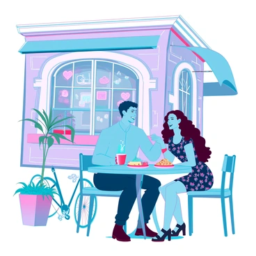 A couple sitting at a round table outside a quaint Parisian café. The man has short, dark hair and is wearing a light blue shirt. The woman has long, wavy brown hair and is dressed in a floral dress. They are both smiling at each other, surrounded by small plates of pastries and steaming cups of coffee. The café has decorative ironwork, potted plants, and an inviting atmosphere, with soft sunlight filtering through nearby trees. A small, vintage bicycle leans against the café's exterior nearby.
